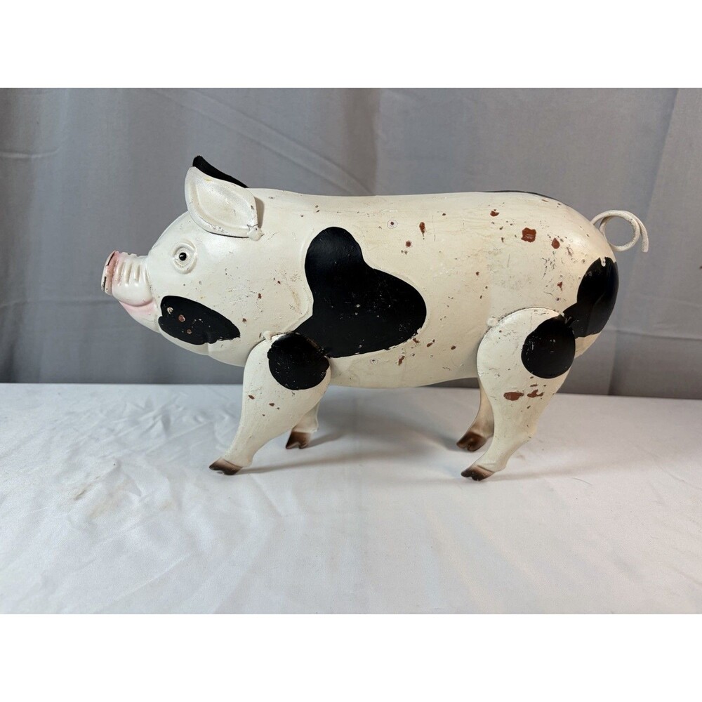 METAL ART BLACK AND WHITE TIN PIG SCULPTURE ANIMAL FIGURE LARGE 12” LONG